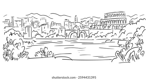 vector sketch panoramic view of rome with tiber river, colosseum and historic skyline, hand drawn cityscape illustration