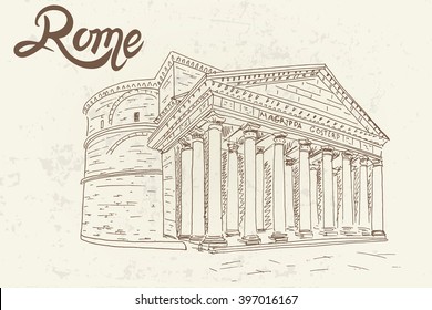 Vector Sketch Of Pantheon. Rome. Italy. Retro Style.