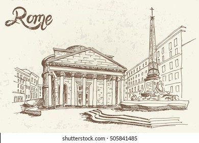 vector sketch of Pantheon. Rome. Italy. Retro style.