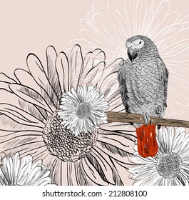 Vector sketch of a parrot with flowers. Hand drawn illustration