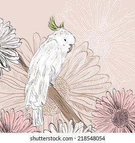 Vector sketch of a parrot with flowers. Hand drawn illustration