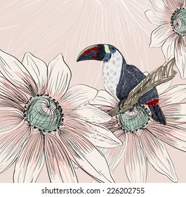 Vector sketch of a parrot with flowers. Hand drawn illustration