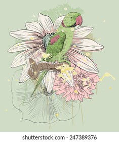 Vector sketch of a parrot with flowers. Hand drawn illustration