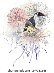 Vector sketch of a parrot with flowers. Hand drawn illustration