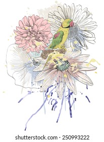 Vector sketch of a parrot with flowers. Hand drawn illustration