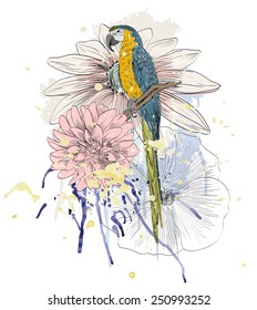 Vector sketch of a parrot with flowers. Hand drawn illustration