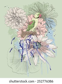 Vector sketch of a parrot with flowers. Hand drawn illustration