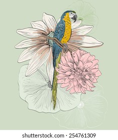 Vector sketch of a parrot with flowers. Hand drawn illustration