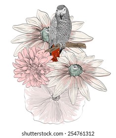 Vector sketch of a parrot with flowers. Hand drawn illustration