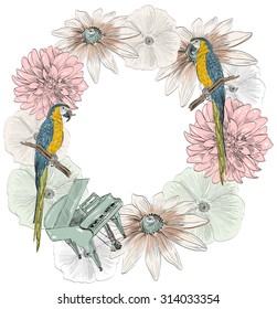 Vector sketch of a parrot with flowers. Hand drawn illustration