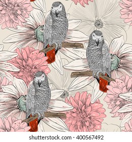 Esbozo vectorial de un loro con flores. Ilustración dibujada a mano