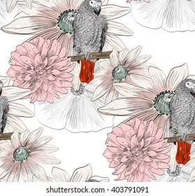 Vector sketch of a parrot with flowers. Hand drawn illustration
