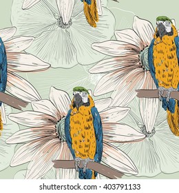 Vector sketch of a parrot with flowers. Hand drawn illustration