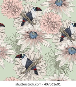 Vector sketch of a parrot with flowers. Hand drawn illustration