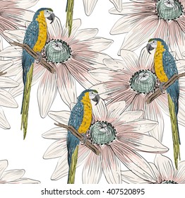 Vector sketch of a parrot with flowers. Hand drawn illustration