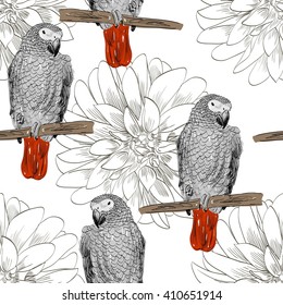 Vector sketch of a parrot with flowers. Hand drawn illustration