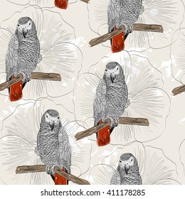 Vector sketch of a parrot with flowers. Hand drawn illustration