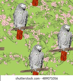 Vector sketch of a parrot with flowers. Hand drawn illustration