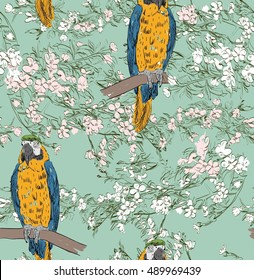 Vector sketch of a parrot with flowers. Hand drawn illustration