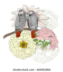 Vector sketch of a parrot with flowers. Hand drawn illustration