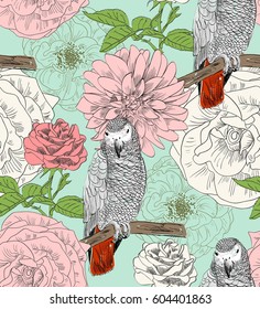 Vector sketch of a parrot with flowers. Hand drawn seamless pattern