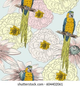 Vector sketch of a parrot with flowers. Hand drawn seamless pattern