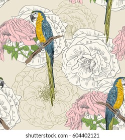 Vector sketch of a parrot with flowers. Hand drawn seamless pattern