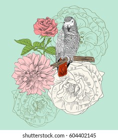 Vector sketch of a parrot with flowers. Hand drawn illustration