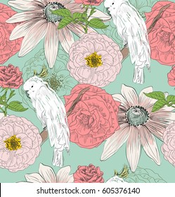 Vector sketch of a parrot with flowers. Hand drawn seamless pattern