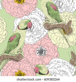 Vector sketch of a parrot with flowers. Hand drawn seamless pattern