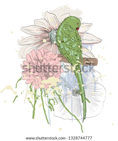 Vector sketch of a parrot with flowers. Hand drawn illustration