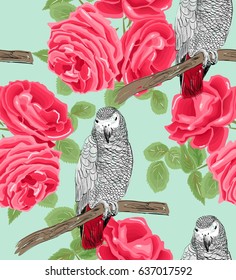 Vector sketch of a parrot with roses. Hand drawn seamless pattern