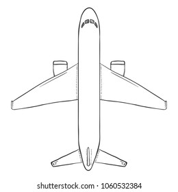 Vector Sketch Passenger Airplane. Commercial Aviation Aircraft. Top View.