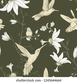 Vector sketch pattern with birds and flowers. Colorful flower design for web, wrapping paper, phone cover, textile, fabric