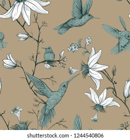 Vector sketch pattern with birds and flowers. Antique seamless pattern with drawn flowers. Floral provence wallpaper. Design for web, wrapping paper, cover, textile, fabric, wallpaper