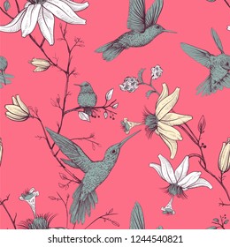 Vector sketch pattern with birds and flowers. Colorful flower design for web, wrapping paper, phone cover, textile, fabric