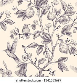 Vector sketch pattern with birds and flowers. Hummingbirds and flowers, retro style, nature backdrop. Vintage monochrome flower design for web, wrapping paper, cover, textile, fabric, wallpaper