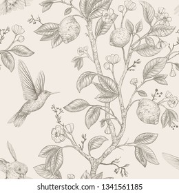 Vector sketch pattern with birds and flowers. Hummingbirds and flowers, retro style, nature backdrop. Vintage monochrome flower design for web, wrapping paper, cover, textile, fabric, wallpaper