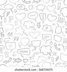 Vector sketch pattern with black speech bubbles on white background. Seamless pattern can be used for wallpaper, pattern fills, web page background,surface textures.