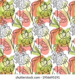 Vector sketch pattern of calla lily, iris and pion on colorful spots. 