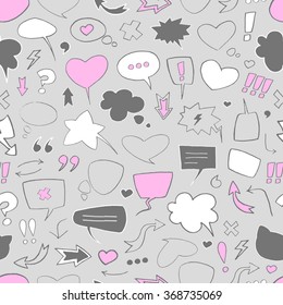 Vector sketch pattern with speech bubbles on grey background. Seamless pattern can be used for wallpaper, pattern fills, web page background,surface textures.