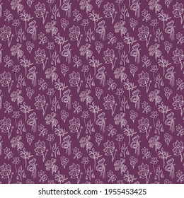 Patrón de boceto vectorial de diversas flores y hierbas primaverales y veraniegas como cosmea, anémona, gotas de nieve, loto y magnolia en el fondo morado.