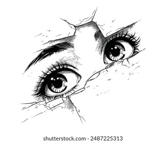 Vector sketch of peeping eyes in the gap between the wood and long eyelashes