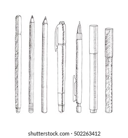 Vector sketch of pencils and pens. Hand drawn illustration. Collection in doodle style.