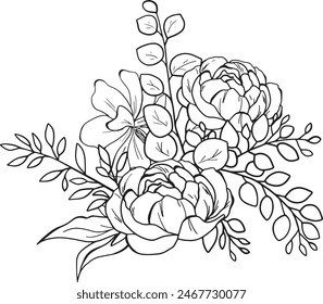 Vector sketch, peony bouquet for Greeting cards, invitation, gender party, baby shower, birthday, event, holiday, wedding card, printable.