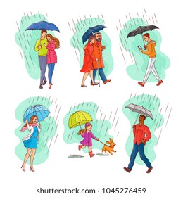 Vector sketch people characters walking under rain umbrella set. Young senior elderly couples hugging girl kid running with dog puppy woman waving hand, caucasian man smartphone, african one smiling