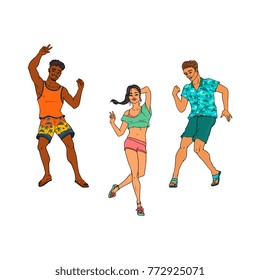 vector sketch people dancing at beach party set. cute beautiful hot slim brunette woman, girl in summer clothing, shorts and african black and caucasian boys on vacation. Isolated illustration
