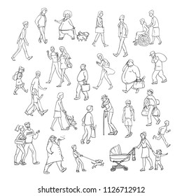 Vector sketch people walk down street. Children and adults characters different ages, physiques and moods. Mother with stroller, schoolchildren and young friends. Set persons illustration