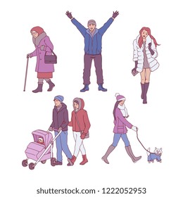 Vector sketch people walking at winter set. Young woman walking with dog, female character in fur coat, purse going to party elderly old woman with cane, couple with stroller, man with hands wide open