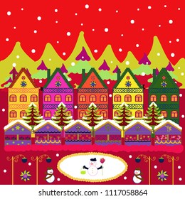 Vector sketch. Perfect for kids fabric, nursery wallpaper. Colorful pattern with house, trees, snowman, mountains and hills. Nice nature landscape concept. Illustration on red, yellow and green colors